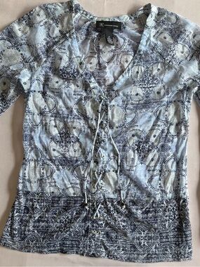 INC International Concepts Blue Paisley Lace-Up V-Neck Blouse